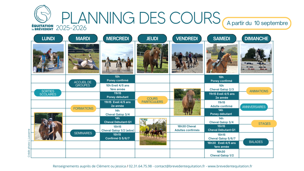 Planning des cours du centre équestre du Brévedent